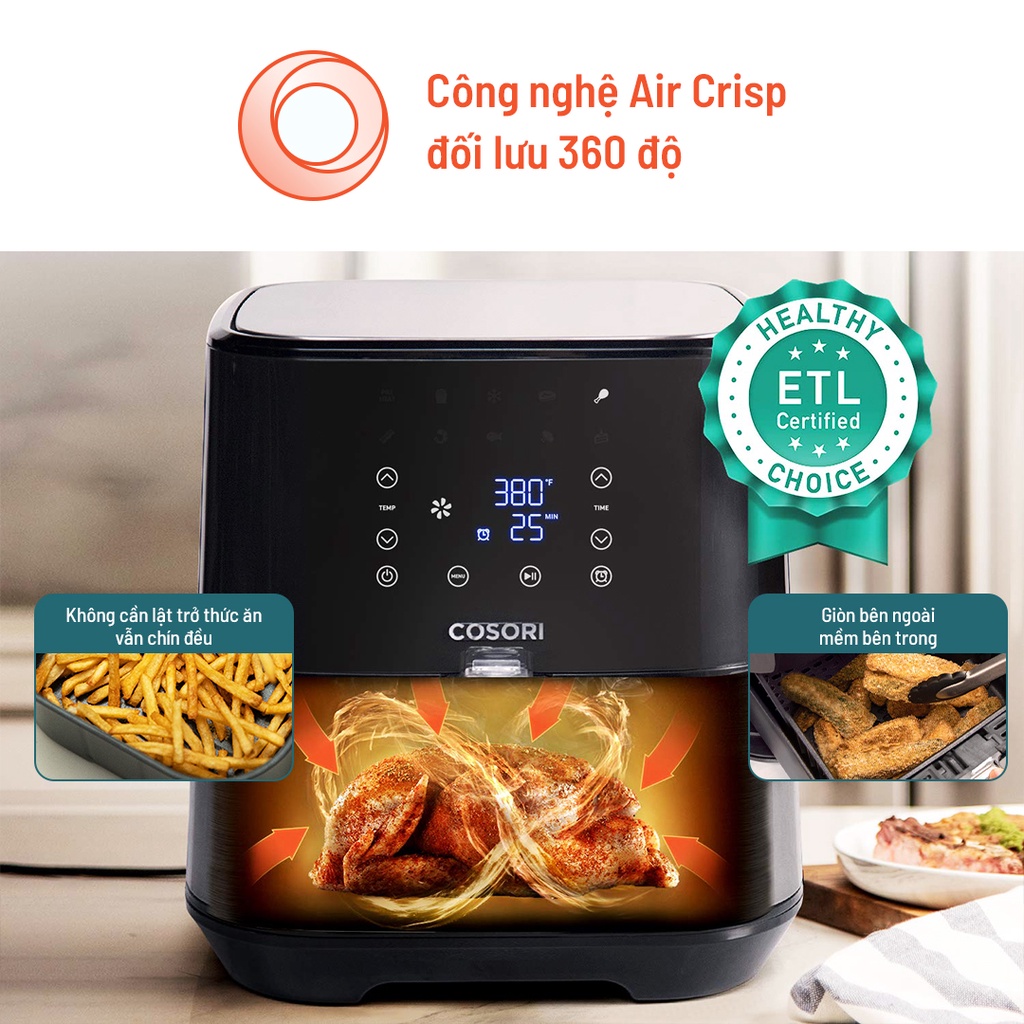 COMBO Nồi chiên không dầu điện tử Cosori CP258- AF-RAM (5,5 lít) vỏ thép và Bình ấm đun siêu tốc Cosori GK172CO 1.7L