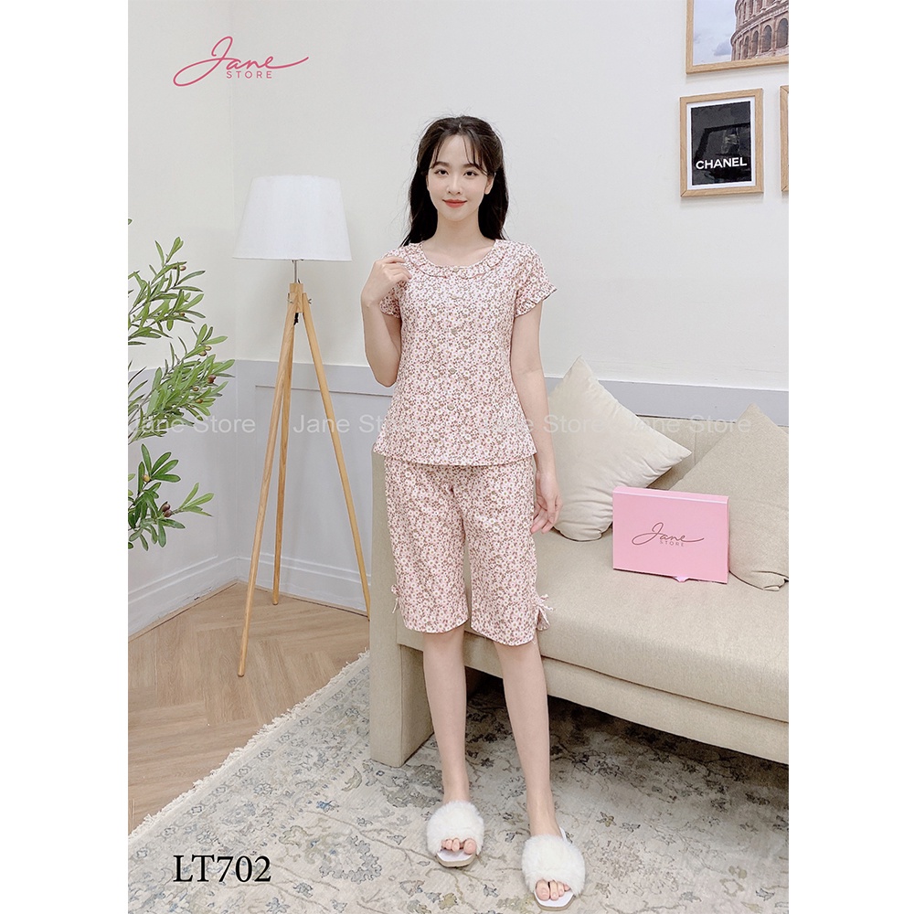 Đồ bộ mặc nhà chất thô mềm thoải mái, đồ ngủ thiết kế cổ bèo quần lửng họa tiết hoa nhí nhẹ nhàng JANE mã LT70