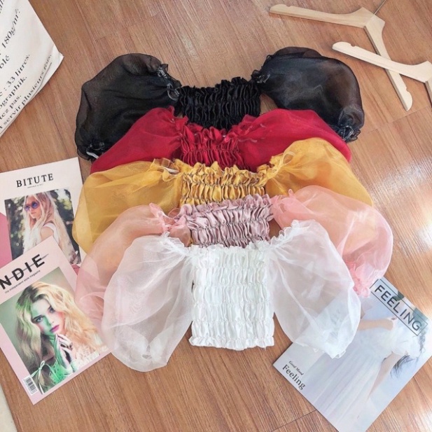 Áo croptop phối voan kiến tay phồng bo nhún co giản tốt Hình tự làm mẫu, tự chụp 100%