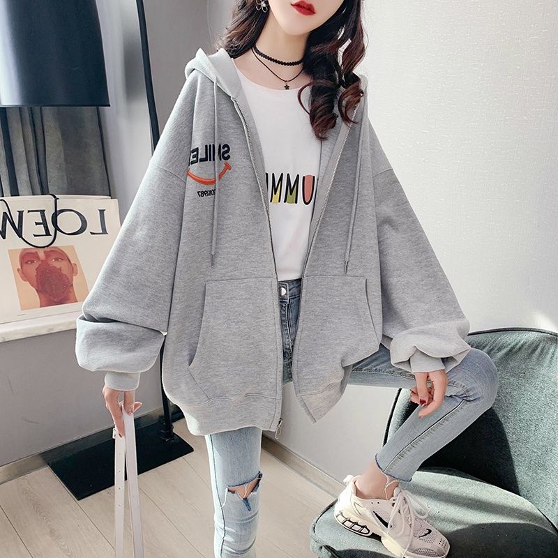 ZHELIHANGFEI Áo Hoodie Tay Dài Dáng Rộng Có Khóa Kéo Theo Phong Cách Preppy Dễ Phối Đồ