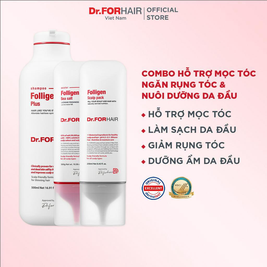 Bộ dầu gội đầu giảm rụng tóc, tẩy tế bào da đầu và dưỡng xả tóc của Dr.FORHAIR: Folligen Plus x Scalp Pack x Sea Salt