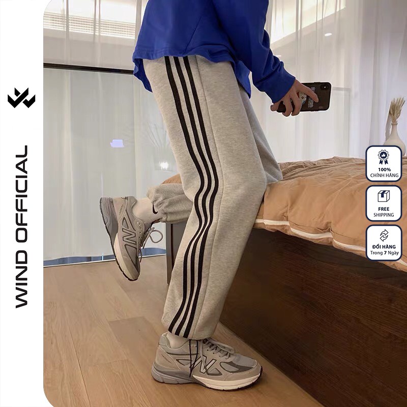 Quần jogger ống rộng WIND unisex Bó Chun dây rút basic 3 LINE nam nữ oversize