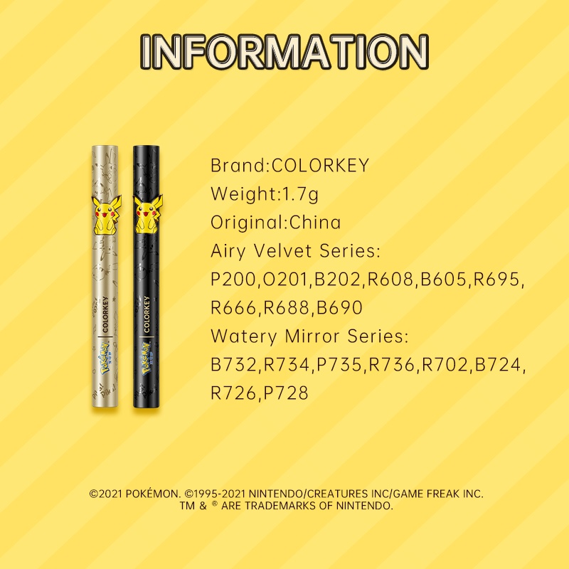 Colorkey X Pokemon Lip Gloss Velvet Soft Moisturized Texture 1.7g