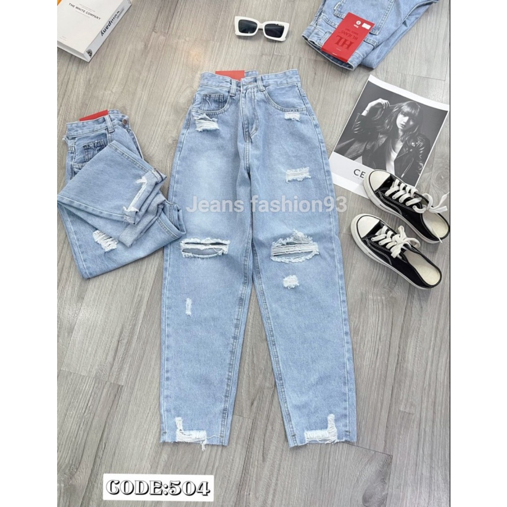 Quần Baggy jean nữ rách gối ngang sước 2 màu Xanh/ Xám - Quần bò nữ cạp cao lai cắt phong cách cá tính