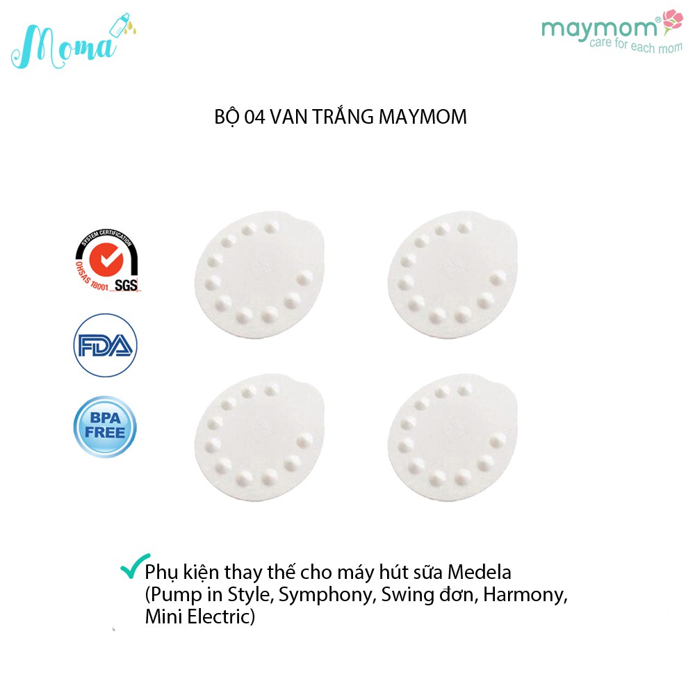 Bộ 4 van trắng Maymom, phụ kiện thay thế cho máy hút sữa Medela (Pump, Symphony, Swing đơn, Harmony, Mini Electric)