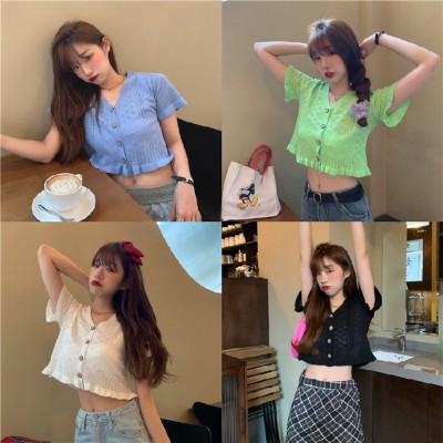 Áo Crop Top Ngắn Tay Cổ Chữ V Gợi Cảm Cho Nữ Mùa Hè 2020