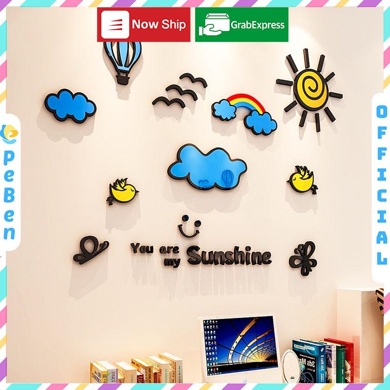 Tranh dán tường mica 3d decor khổ lớn hoạt hình bầu trời trong xanh trang trí mầm non, phòng cho bé Nhiều Size - EPeBen