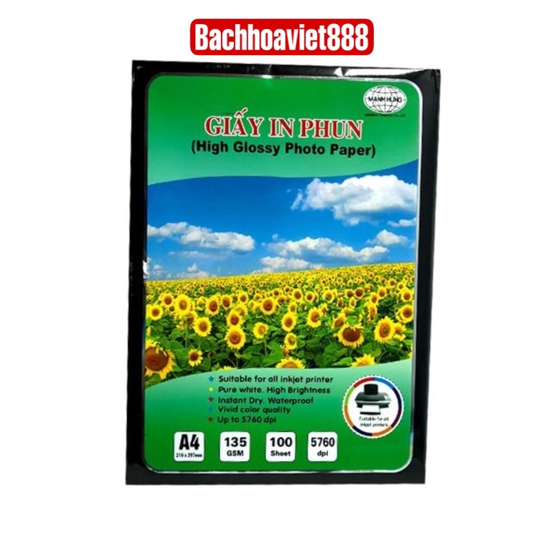 Giấy in ảnh Mạnh Hưng khổ a4 định lượng 135gsm 100 tờ/gr, giấy in chất lượng cao bóng 1 mặt