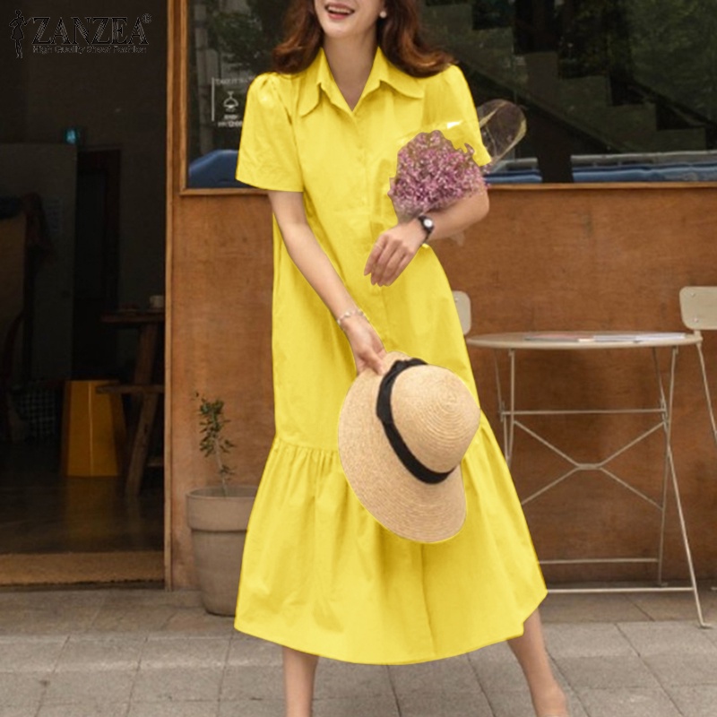 Đầm sơ mi ZANZEA ngắn tay thời trang Hàn Quốc cho nữ