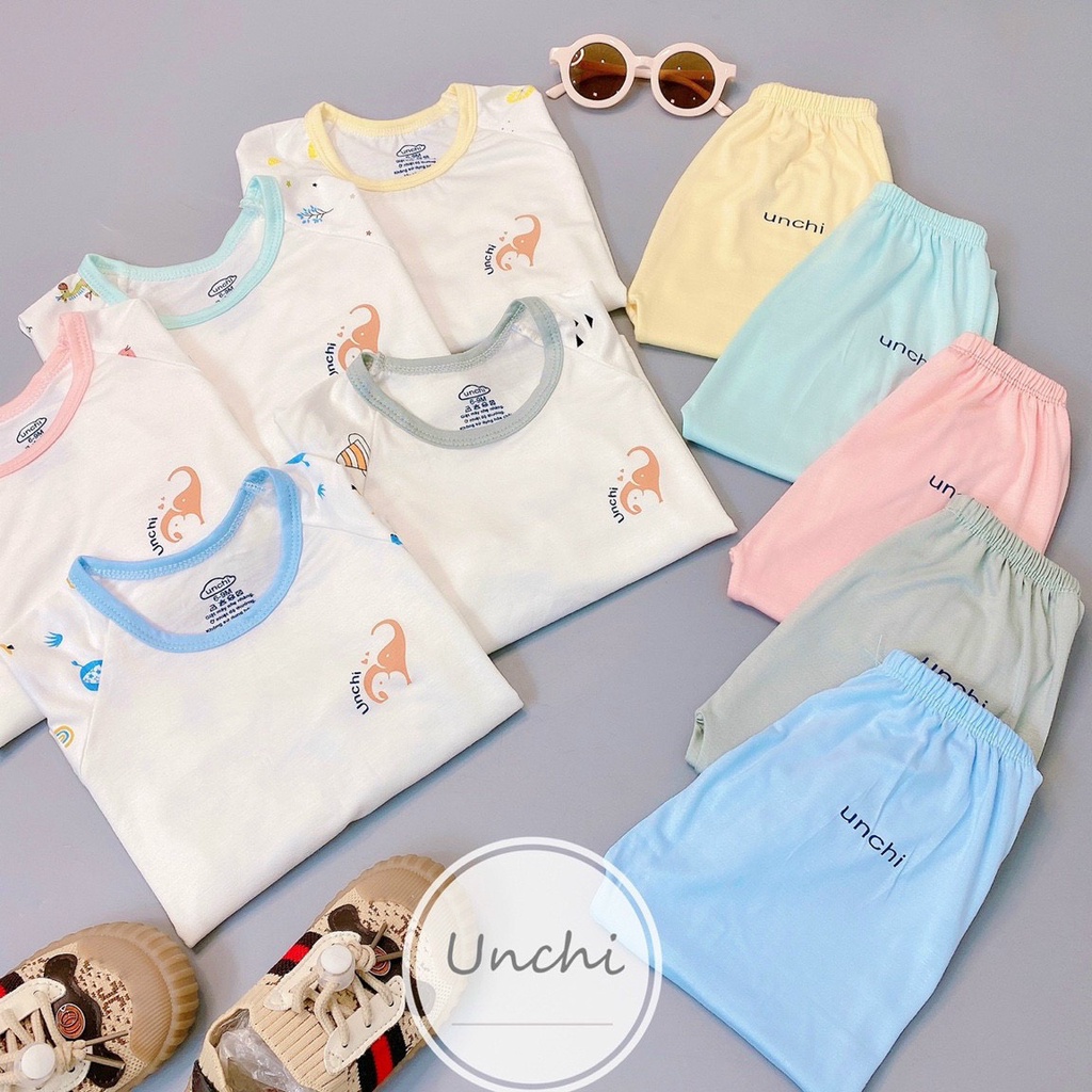 Bộ Dài Tay Unchi Vải Peptit Nền Trắng Quần Màu Cực Mềm Mịn Cho Bé 5-16kg - Umee Kids