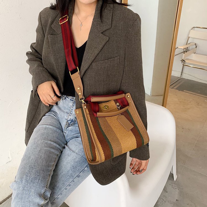 IELGY Túi Đeo Vai Vải Canvas Kẻ Sọc Thời Trang Cho Nữ