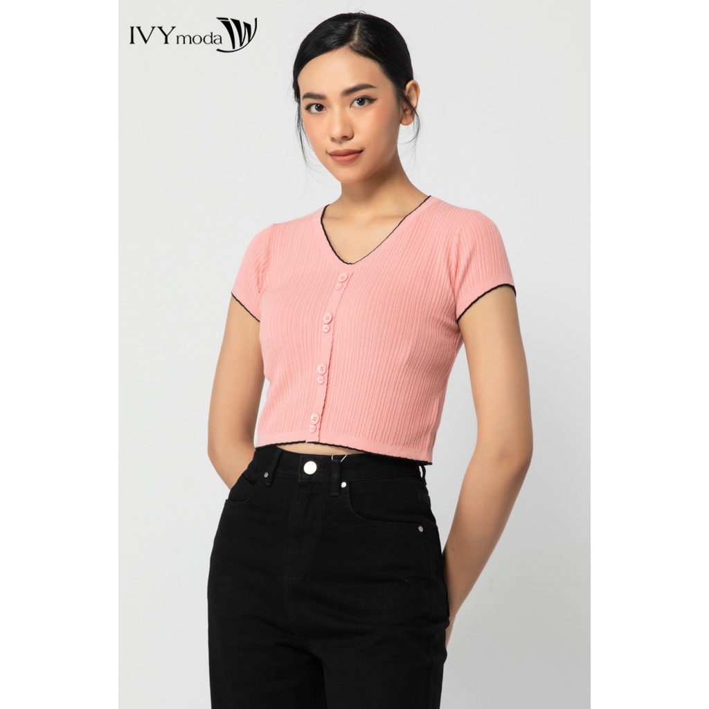 [NHẬP WABRTL5 GIẢM 10% TỐI ĐA 50K ĐH 250K ]Áo len croptop nữ viền màu IVY moda MS 77B8041