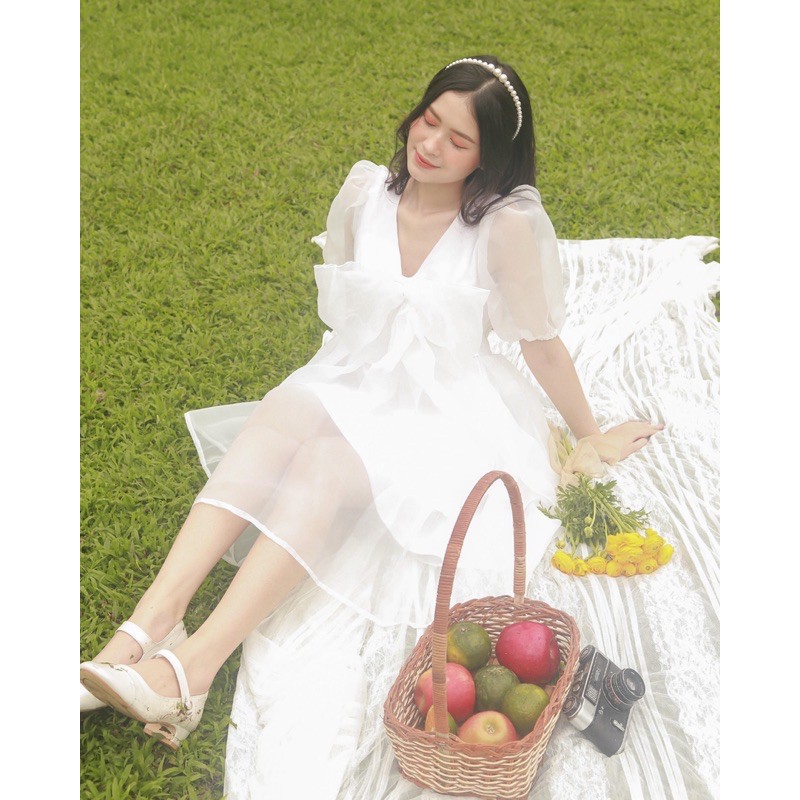 Đầm dự tiệc dạ hội rosemary dress  thiết kế cổ tim nơ to bản tay bồng caocaobycaochen 2 màu trắng hồng có bigsize