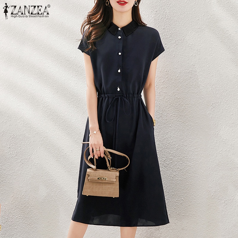 Đầm ZANZEA dài tay ngắn cổ bẻ phối dây rút thời trang cho nữ