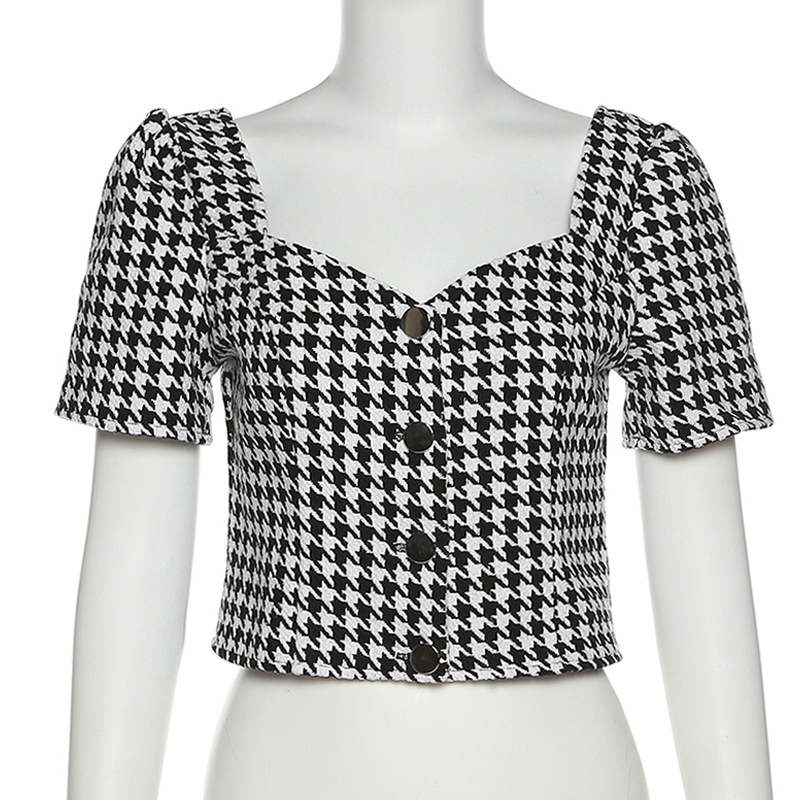 Áo Thun Ngắn Tay Cổ Vuông Phối Nút Họa Tiết Houndstooth Thời Trang Cho Nữ