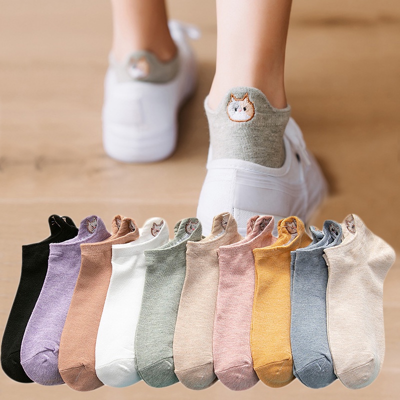 Vớ Cotton Cổ Thuyền Thêu Hình Mèo Dễ Thương Cho Nữ