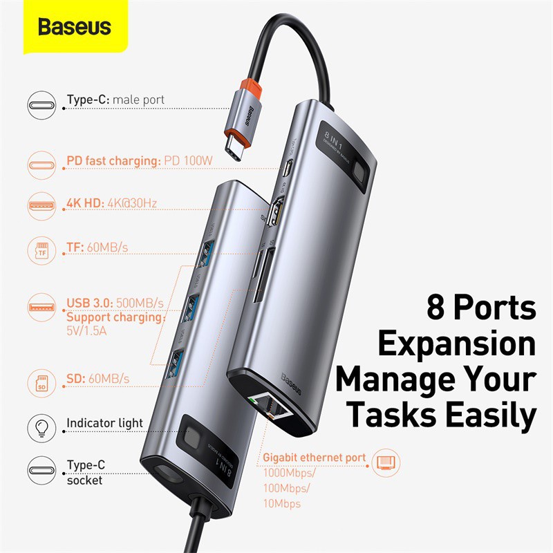 Hub Chuyển Đổi Đa Năng 4 - 9 Cổng Baseus Metal Gleam Series Multifunctional Type-C To HDMI/USB3.0/RJ45/SD Card &amp; More