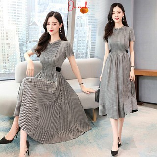 Váy Caro Công Sở Cổ Bèo Dáng Xòe Khoe Dáng Xinh