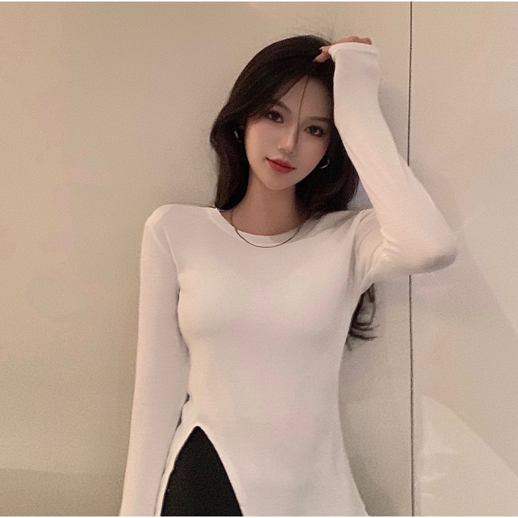 Áo thun COZOKC tay dài dáng ôm xẻ tà sành điệu dễ phối đồ