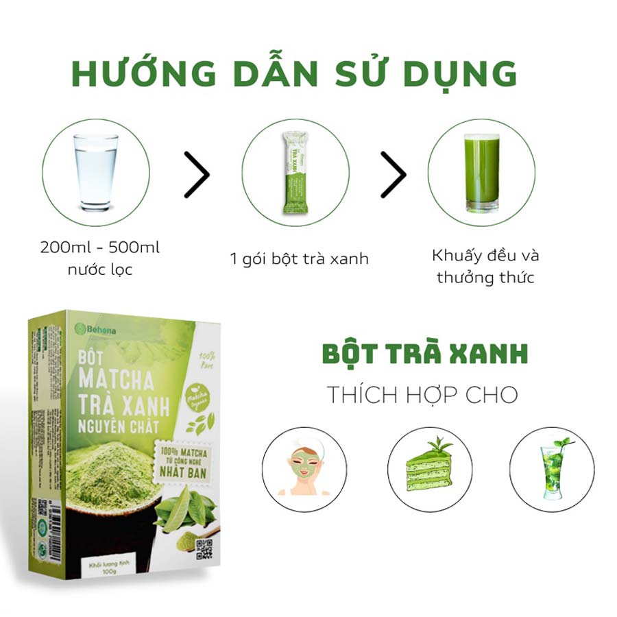 Bột trà xanh nguyên chất Behena, bột matcha Nhật bản pha chế đồ uống, làm bánh