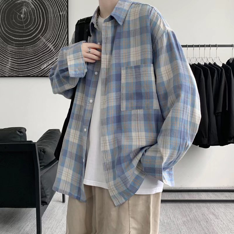 Áo sơ mi tay dài dáng rộng kẻ sọc caro phong cách Nhật Bản thời trang cho nam size M-3XL
