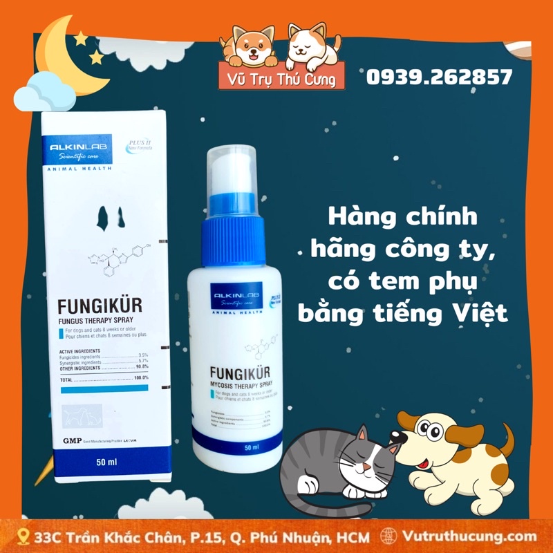 Dung dịch xịt FUNGIKUR ALKINLAB cho Chó Mèo 50ml| Dung dịch xịt nấm da, viêm da cho Chó Mèo