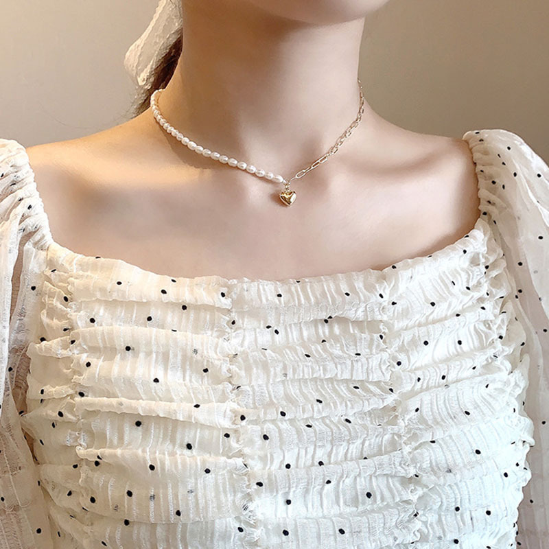 Vòng cổ mặt trái tim bằng kim loại đính ngọc trai thanh lịch thời trang cho nữ