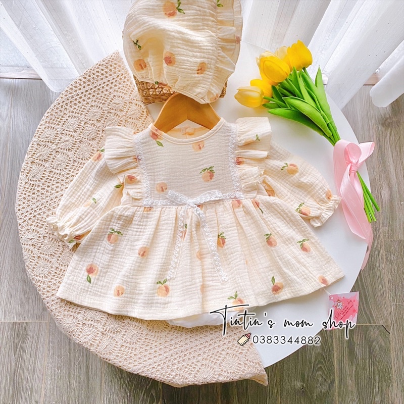Sét váy cánh tiên đầy tháng/ thôi nôi xô muslin hoạ tiết đào nhỏ kèm nơ cho bé gái