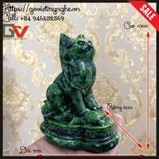 Tượng đá con mèo phong thủy trang trí ôm tài lộc phát tài phát lộc trang trí để bàn - Cao 10cm - Màu xanh lục bích