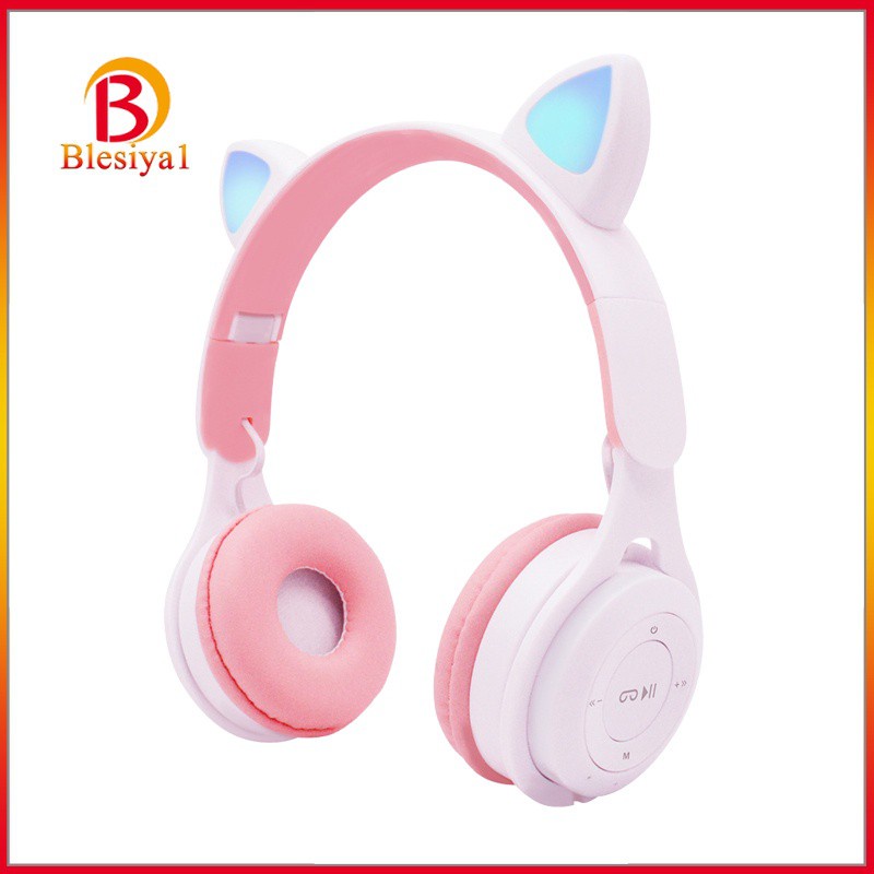 [BLESIYA1] Cat Ear LED Light Up Wireless Foldable Headphones Over Ear with Mic Pink