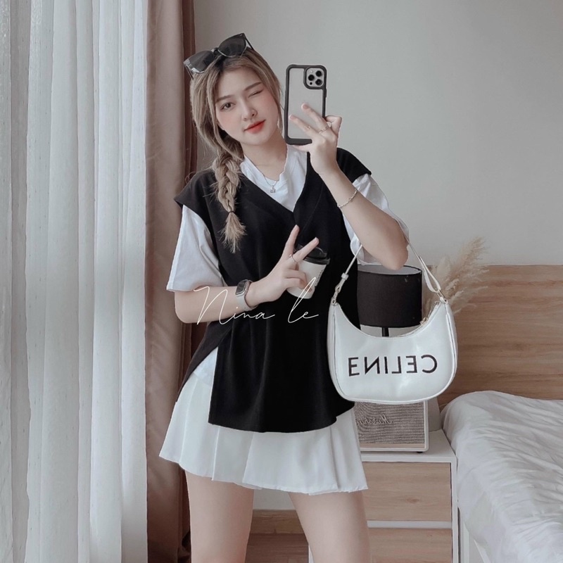 Sét váy thời trang nữ mặc đi chơi áo cotton mix chân váy xếp ly tuyết mưa kèm áo gile gân