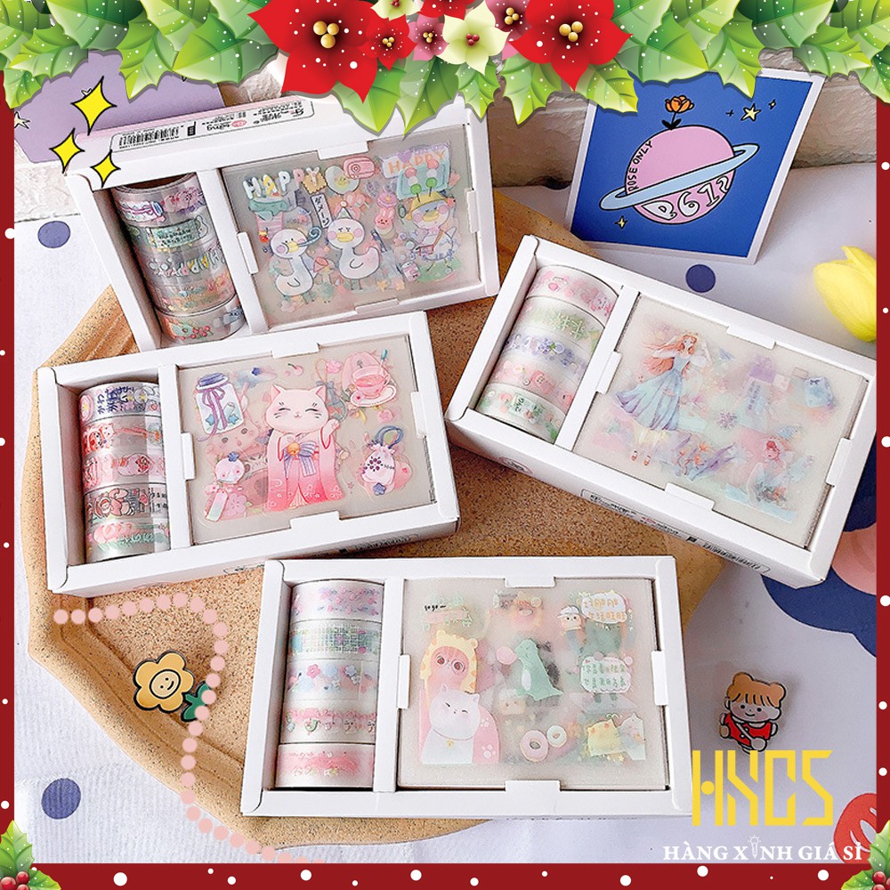 ⚜️⚜️[ SIÊU TIỆN LỢI ]⚜️⚜️Set 5 băng keo trang trí WASHI TAPE nhũ lấp lánh kèm 8 STICKER dễ thương đồng bộ