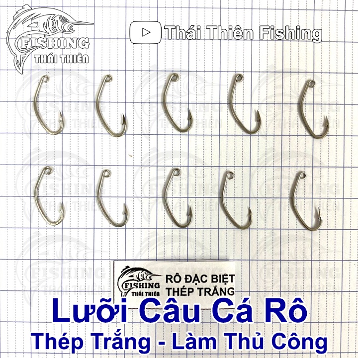 Lưỡi Câu Cá Rô Thép Trắng Đặc Biệt Làm Thủ Công Có Ngạnh Xỏ Lỗ Vỉ 10 Cái Nhiều Kích Thước