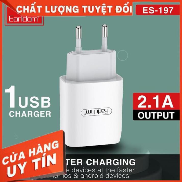 Bộ sạc cáp nhanh Earldom ES197 Chính Hãng 1 ổ cắm USB dành cho Iphone Samsung Ipad - BH 1 Năm