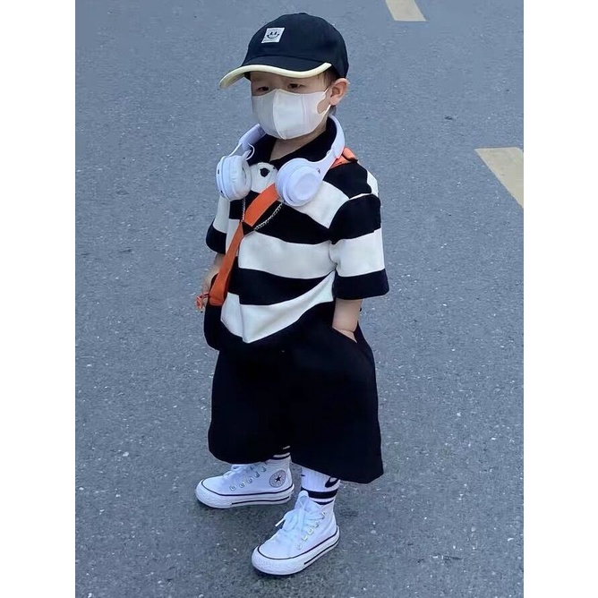 Bộ Áo Thun Cotton Ngắn Tay + Quần Short Dáng Rộng Phong Cách Hàn Quốc Thời Trang Mùa Hè Cho Bé Trai