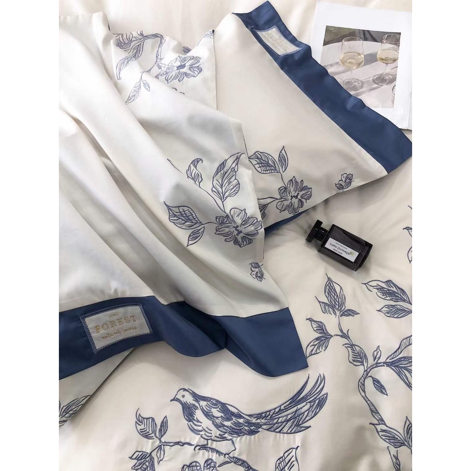 Bộ Chăn Ga Cưới Lụa 100s Thêu Hỷ Tước Cát Tường Luna Bedding