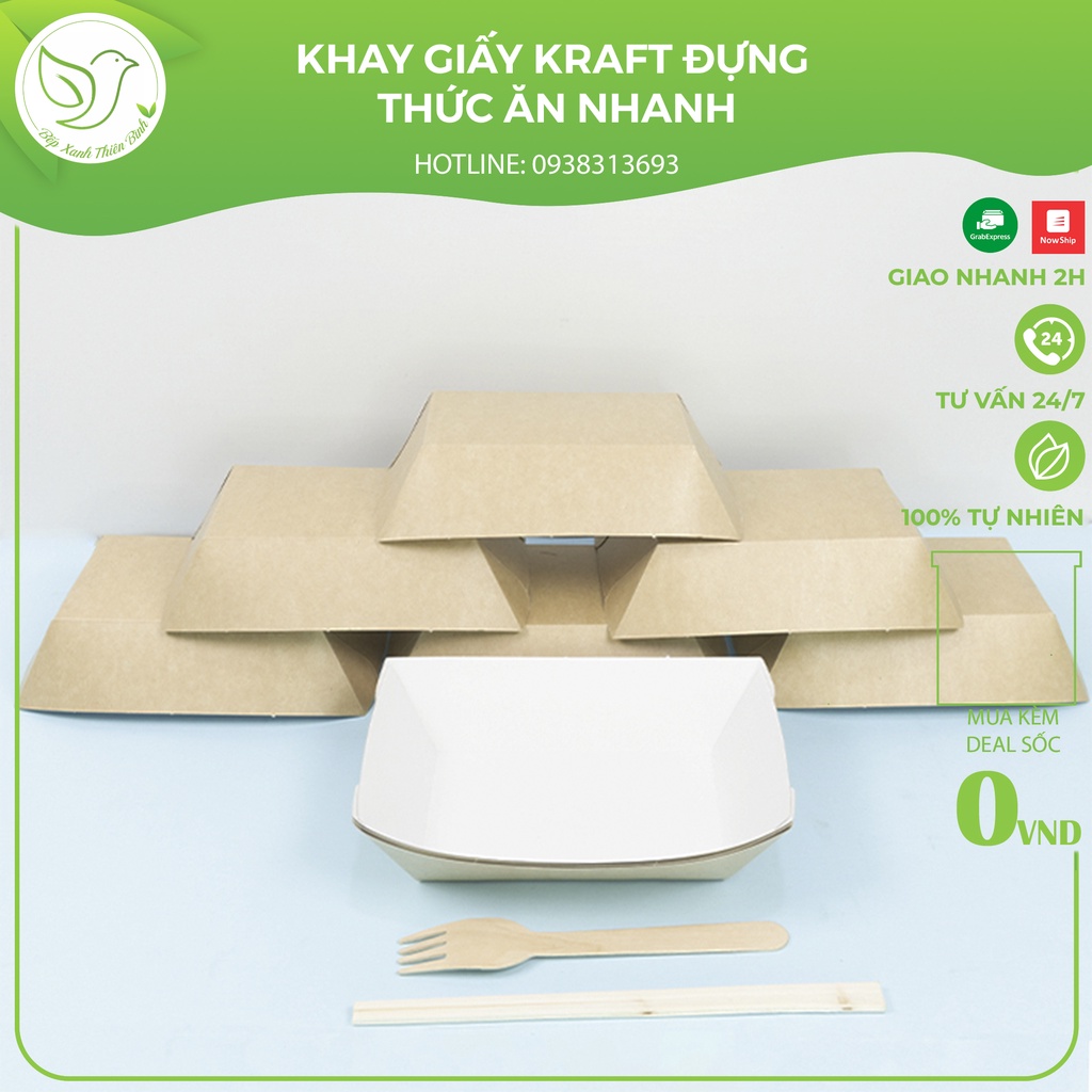 10 Khay giấy Kraft đựng thức ăn cá viên chiên, khoai tây, thức ăn nhanh dùng 1 lần