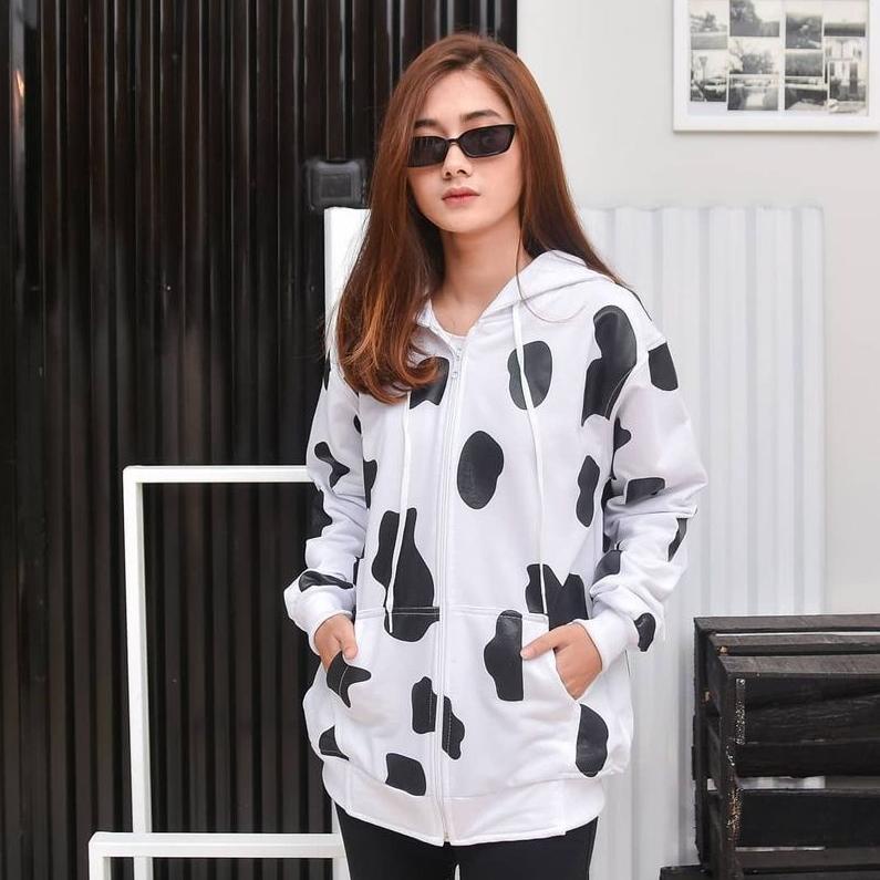 Áo Khoác Hoodie Khóa Kéo Màu Trắng Họa Tiết Bò Sữa Dễ Thương Thời Trang Cho Nữ 6aqz7