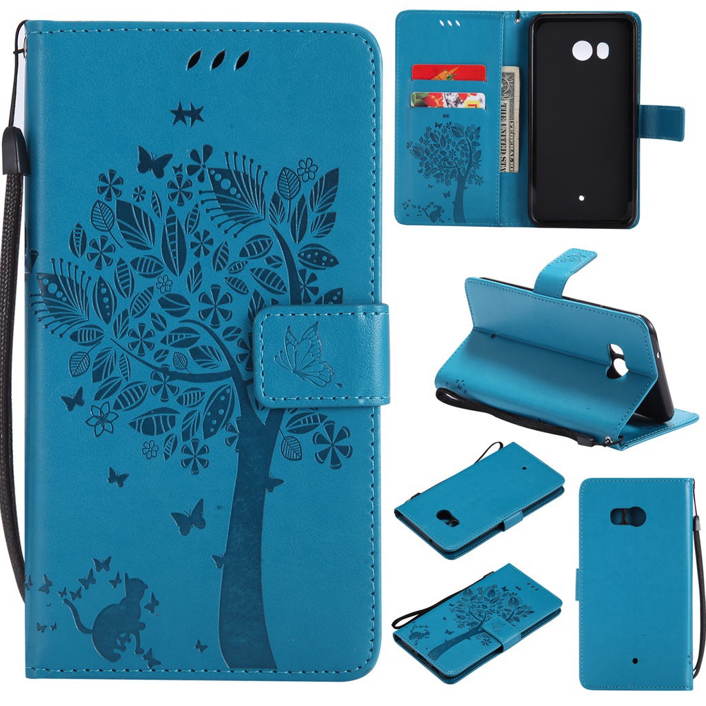 Bao da điện thoại dập họa tiết cây và mèo dễ thương cho HTC U11