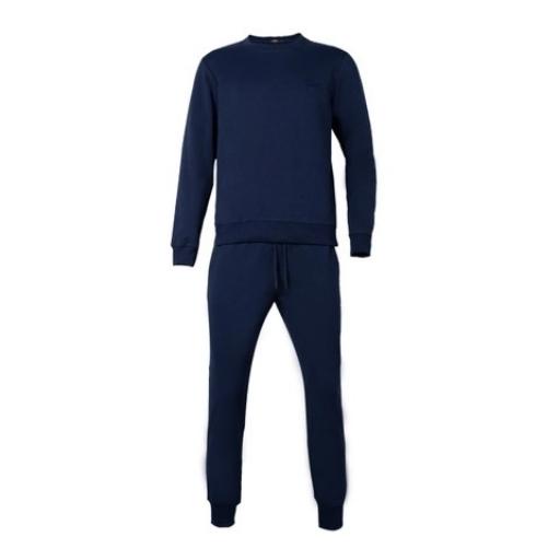 Bộ đồ mặc nhà thu đông nam OWEN BMN221187 Vải CVC Spandex Màu Navy Trơn Dáng Regular Fit áo cổ tròn quần cạp chun