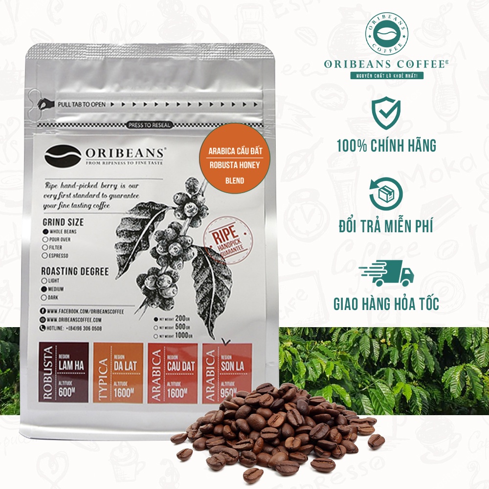 Cà phê Blend Arabica Cầu Đất - Robusta Honey nguyên chất rang xay hương quả chín caramel chocolate từ ORIBEANS Coffee