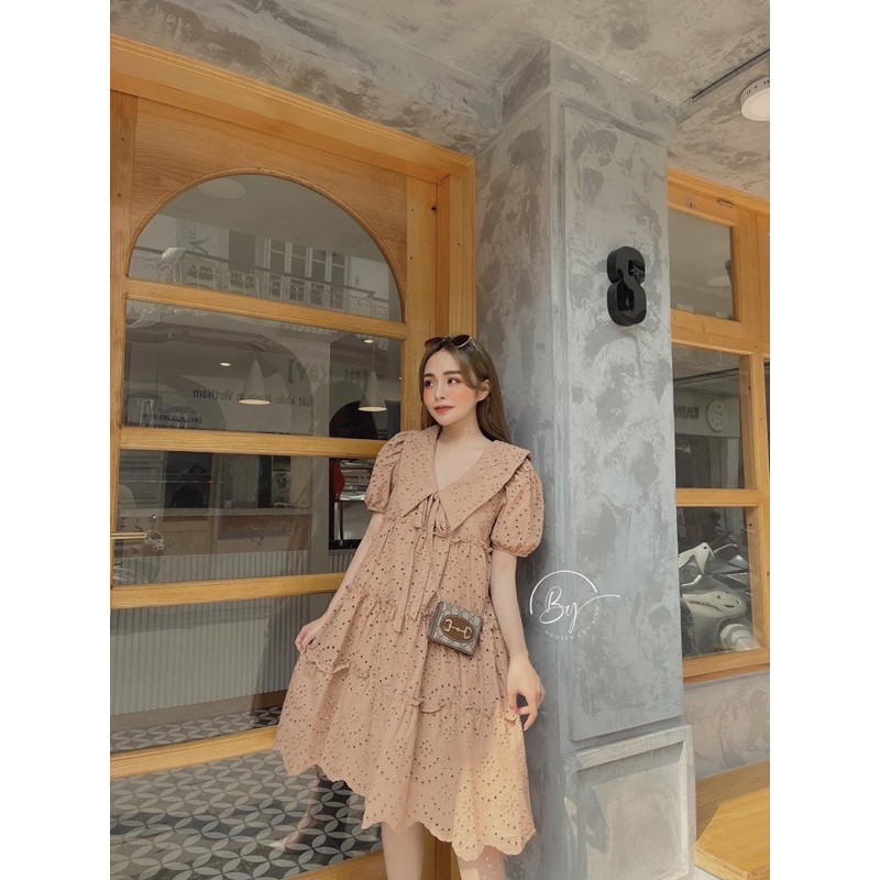 Váy hoa ren lỗ cổ bẻ tay bồng cưc đẹp Chất thô lụa dệt | BigBuy360 - bigbuy360.vn