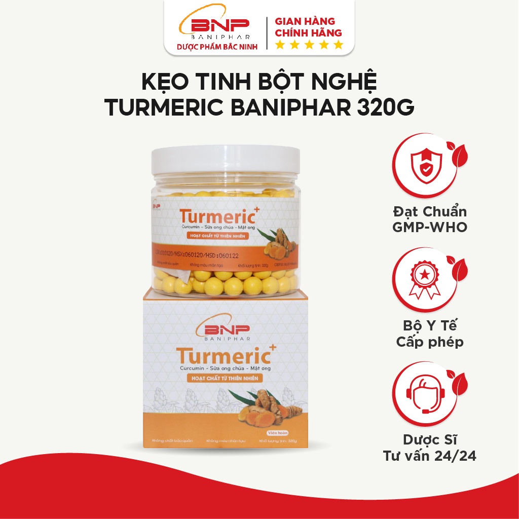 Viên Kẹo Tinh Bột Nghệ Turmeric BANIFAR Kết Hợp Sữa Ong Chúa Tăng Sức Đề Kháng Hộp 320g