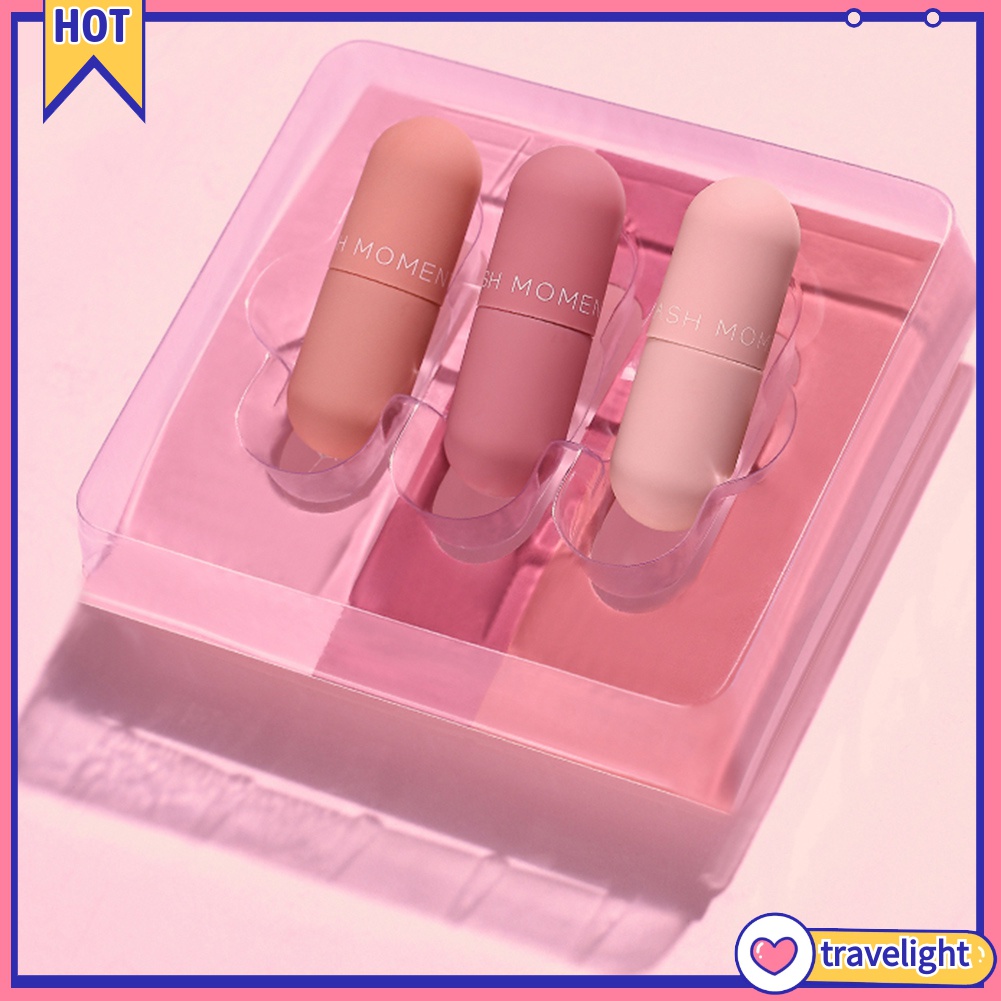 Set 3 son nhung lì dạng lỏng thiết kế vỏ hình viên thuốc mini dễ thương