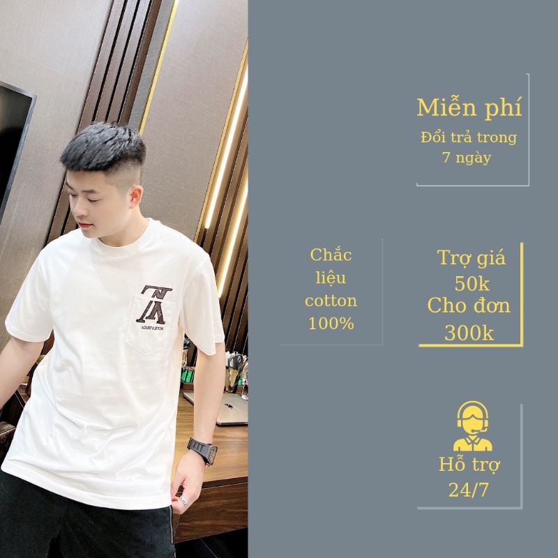 Áo thun nam hàn quốc cổ trụ, cotton thêu hoa văn năng động