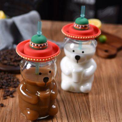 Cốc gấu Starbucks Phong cách Mỹ Latinh dễ thương hình gấu sữa ống hút thủy tinh dung tích lớn
