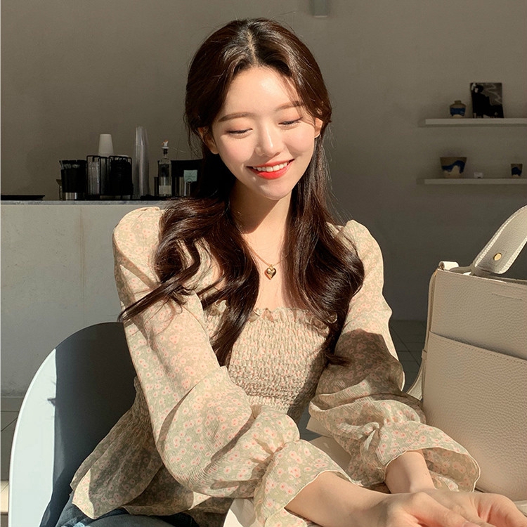 Áo chiffon nữ SUXI tay dài họa tiết hoa phong cách Hàn Quốc