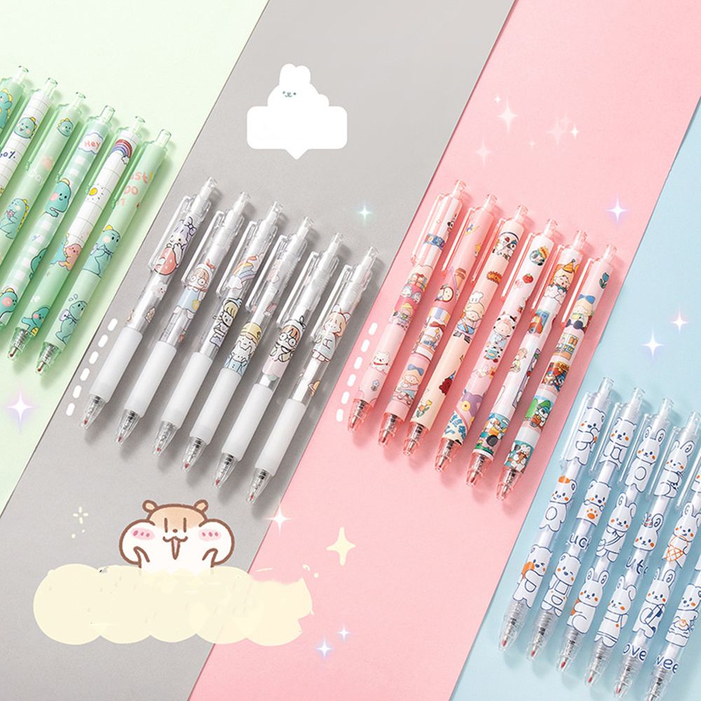 Set 6 bút gel mực đen dạng bấm họa tiết hoạt hình dễ thương