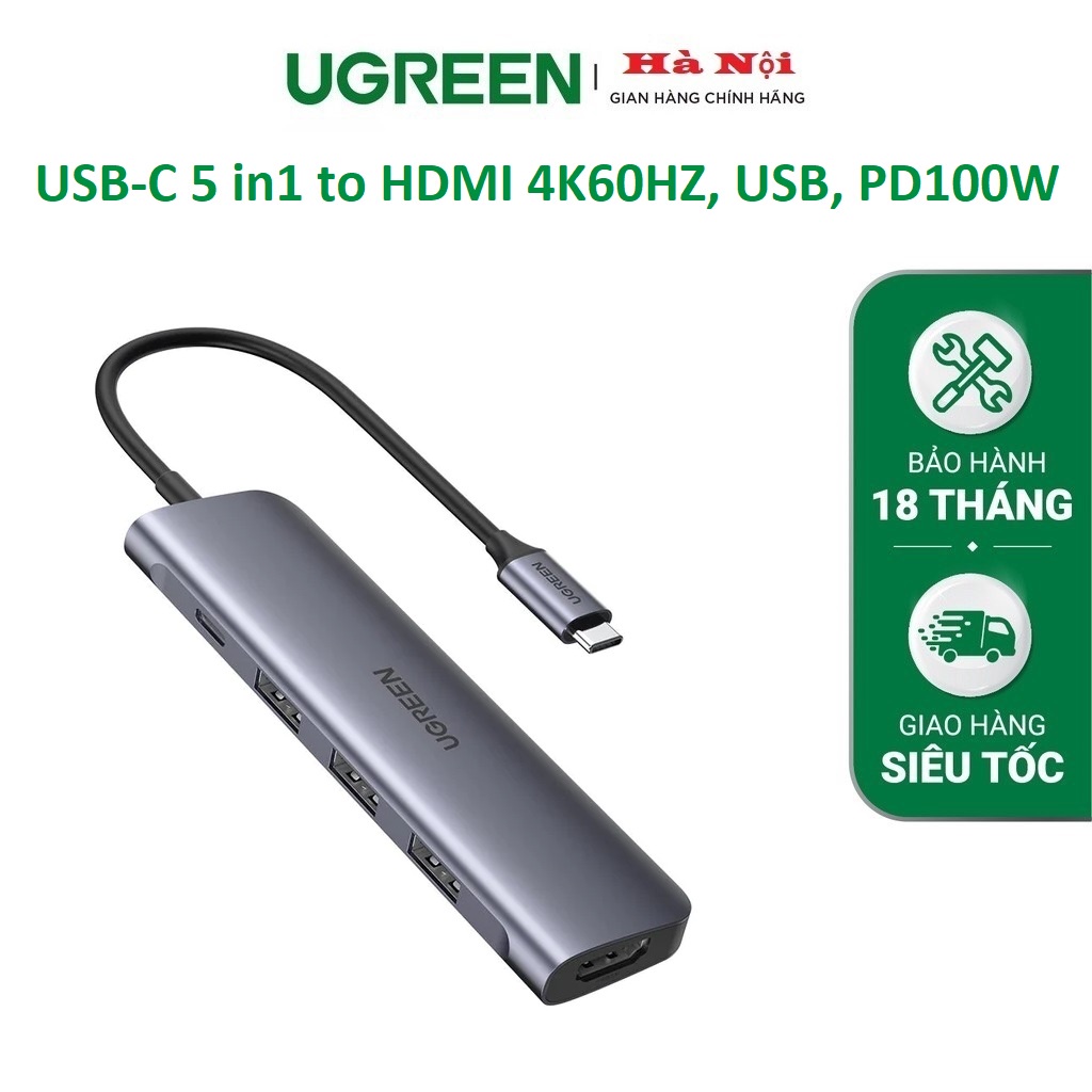 Bộ chuyển USB-C đa năng Cao Cấp Ugreen 70495-Type C sang HDMI 4K@60Hz+3USB 3.0 + PD100W CHính Hãng CM136