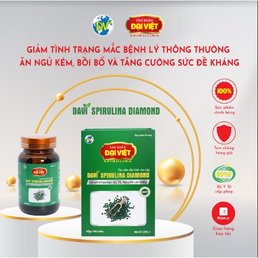 Tảo xoắn Đại Việt Davi Diamond Viên uống Spirulina 100% tảo Hỗ trợ tăng cường sức khỏe, Nâng cao sức đề kháng. Lọ 100v